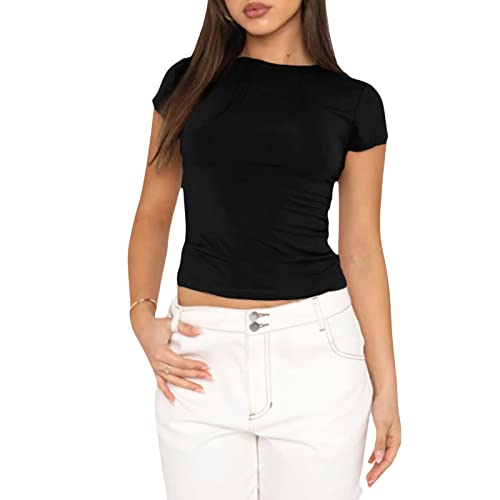 Damen Basic T-Shirts Kurzarm Crop Top Casual Y2K Rundhalsausschnitt Tops Slim Fit Tshirts(Black-1, M) von KUKEYIEE