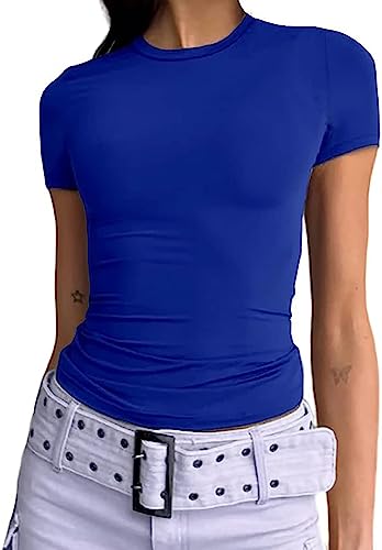 Damen Basic T-Shirts Kurzarm Crop Top Casual Y2K Rundhalsausschnitt Tops Slim Fit Tshirts(Blue-1, S) von Kukeyiee