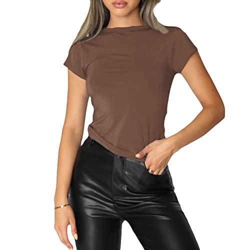 Damen Basic T-Shirts Kurzarm Crop Top Casual Y2K Rundhalsausschnitt Tops Slim Fit Tshirts(Brown-1, S) von Kukeyiee