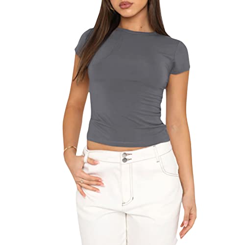 Damen Basic T-Shirts Kurzarm Crop Top Casual Y2K Rundhalsausschnitt Tops Slim Fit Tshirts(Gray-1, M) von Kukeyiee