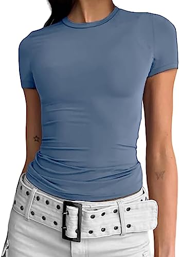 Damen Basic T-Shirts Kurzarm Crop Top Casual Y2K Rundhalsausschnitt Tops Slim Fit Tshirts(Light Blue-1, M) von KUKEYIEE