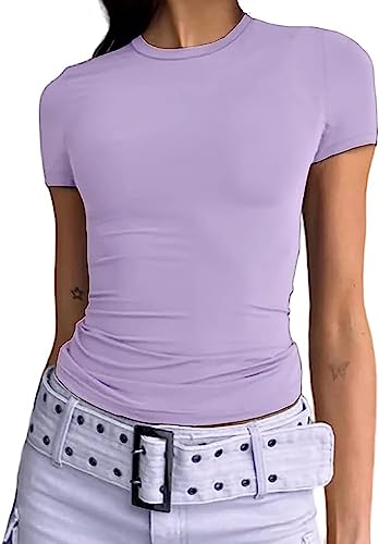 Damen Basic T-Shirts Kurzarm Crop Top Casual Y2K Rundhalsausschnitt Tops Slim Fit Tshirts(Purple-1, L) von KUKEYIEE