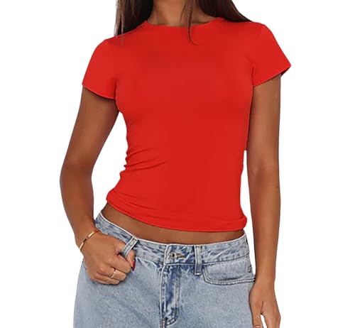 Damen Basic T-Shirts Kurzarm Crop Top Casual Y2K Rundhalsausschnitt Tops Slim Fit Tshirts(Red-2, L) von Kukeyiee