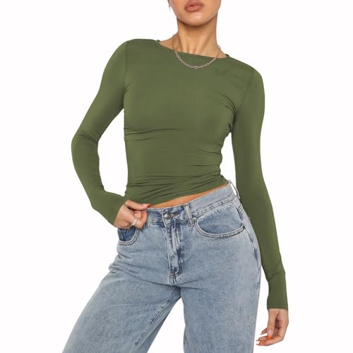 Damen Casual Crop Tops Slim Fit Top Rundhals Langarm Enges T-Shirt Basic Bluse T-Shirts(Army Green-9,XS) von Kukeyiee