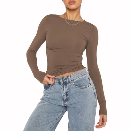Damen Casual Crop Tops Slim Fit Top Rundhals Langarm Enges T-Shirt Basic Bluse T-Shirts(Brown-9,L) von Kukeyiee