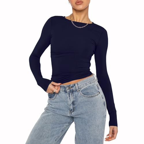 Damen Casual Crop Tops Slim Fit Top Rundhals Langarm Enges T-Shirt Basic Bluse T-Shirts(Dark Blue-9,XL) von Kukeyiee