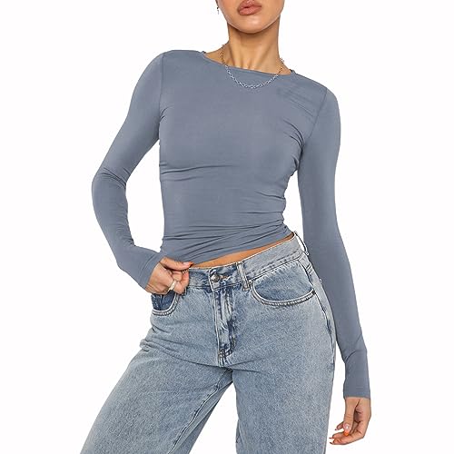 Damen Casual Crop Tops Slim Fit Top Rundhals Langarm Enges T-Shirt Basic Bluse T-Shirts(Gray Blue-8,L) von Kukeyiee