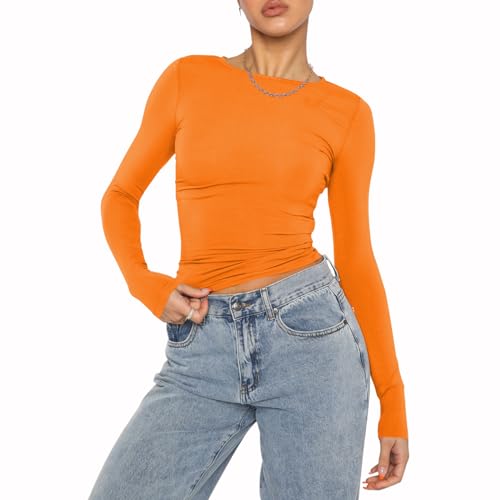 Damen Casual Crop Tops Slim Fit Top Rundhals Langarm Enges T-Shirt Basic Bluse T-Shirts(Orange-9,M) von Kukeyiee