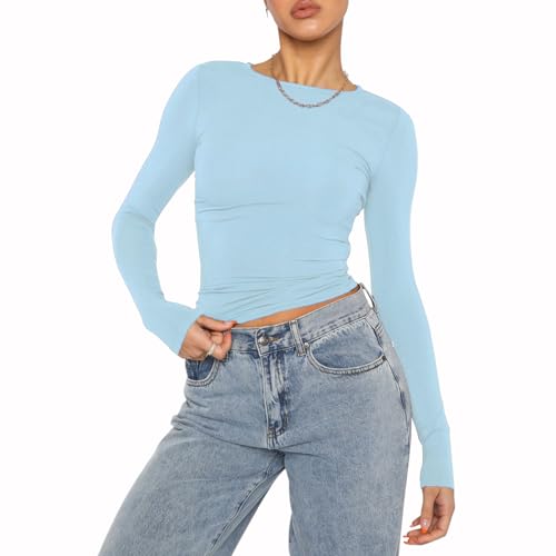 Damen Casual Crop Tops Slim Fit Top Rundhals Langarm Enges T-Shirt Basic Bluse T-Shirts(Sky Blue-9,S) von Kukeyiee