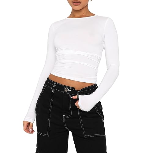 Damen Casual Crop Tops Slim Fit Top Rundhals Langarm Enges T-Shirt Basic Bluse T-Shirts(White-8,XL) von Kukeyiee