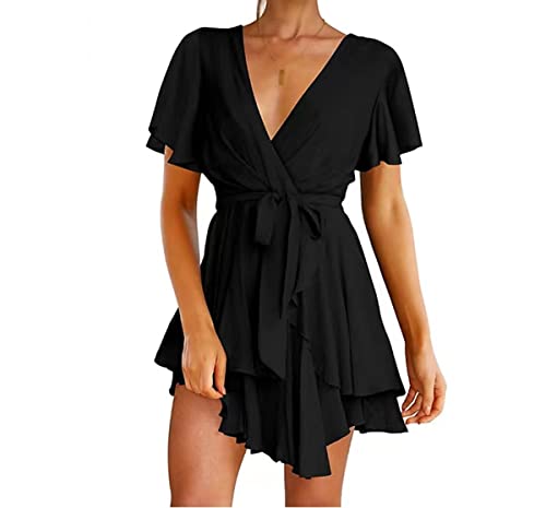 Damen Elegantes Kleid Retro Solide Farbe Cocktail Rockabilly Kleider Abend Party Einfarbig Kurzarm A-Schwarz S von KUKEYIEE