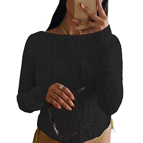 Damen Langarmshirts Y2K Crop Tops Rundhals Slim Fit Top T-Shirt Lässige Streetwear(Balck-1A,L) von KUKEYIEE