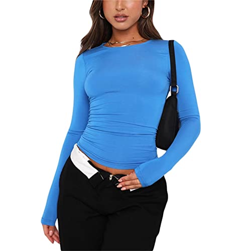 Damen Langarmshirts Y2K Crop Tops Rundhals Slim Fit Top T-Shirt Lässige Streetwear(Blue-a, L) von KUKEYIEE