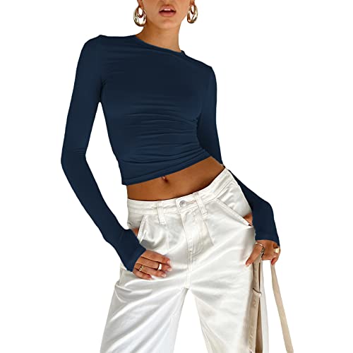 Damen Langarmshirts Y2K Crop Tops Rundhals Slim Fit Top T-Shirt Lässige Streetwear(Dark Blue-b, L) von KUKEYIEE