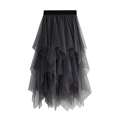Damen Rock Tüll Unregelmäßig Unterrock Lagenrock Ballett Tutu Abschlussball Party Faltenkleid A-Linie Midirock High Waisted Rock (Grau, Einheitsgröße) von Kukeyiee