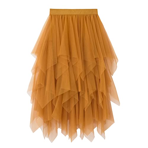 Damen Rock Tüll Unregelmäßig Unterrock Lagenrock Ballett Tutu Abschlussball Party Faltenkleid A-Linie Midirock High Waisted Rock (Ingwer Gelb, Einheitsgröße) von Kukeyiee