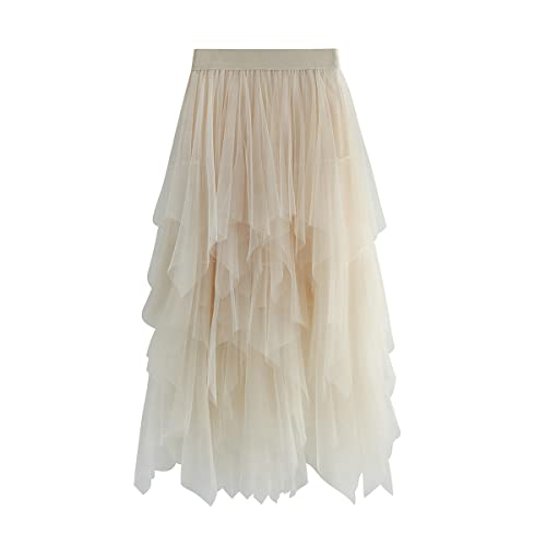 Damen Rock Tüll Unregelmäßig Unterrock Lagenrock Ballett Tutu Abschlussball Party Faltenkleid A-Linie Midirock High Waisted Rock (Aprikose, Einheitsgröße) von KUKEYIEE