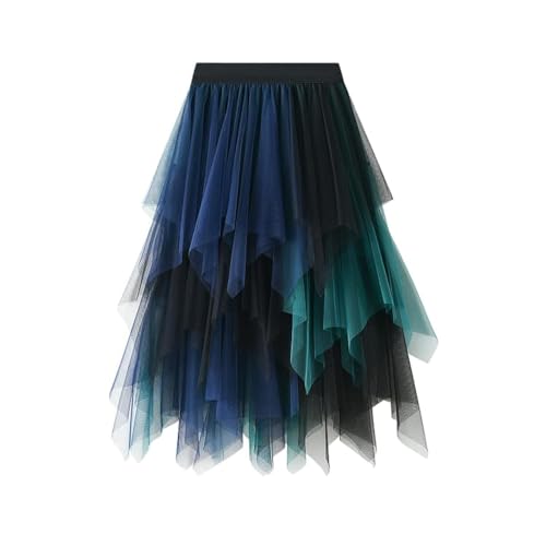Damen Rock Tüll Unregelmäßig Unterrock Lagenrock Ballett Tutu Abschlussball Party Faltenkleid A-Linie Midirock High Waisted Rock (Grün Blau, Einheitsgröße) von Kukeyiee