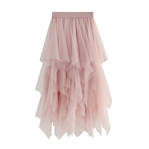 Damen Rock Tüll Unregelmäßig Unterrock Lagenrock Ballett Tutu Abschlussball Party Faltenkleid A-Linie Midirock High Waisted Rock Rosa Einheitsgröße von KUKEYIEE