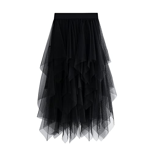 Damen Rock Tüll Unregelmäßig Unterrock Lagenrock Ballett Tutu Abschlussball Party Faltenkleid A-Linie Midirock High Waisted Rock Schwarz Einheitsgröße von KUKEYIEE