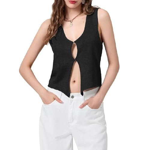 Frauen ärmellose Pullover Pullover Weste Tank Tops Y2k Button Down Crochet Knit Vest Shirts Streetwear(#b,S) von Kukeyiee