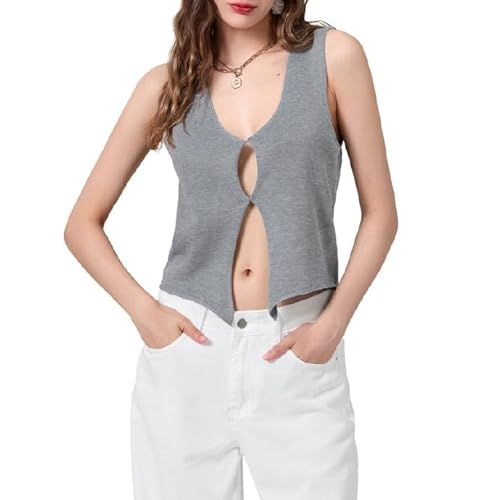 Frauen ärmellose Pullover Pullover Weste Tank Tops Y2k Button Down Crochet Knit Vest Shirts Streetwear(#c,S) von KUKEYIEE
