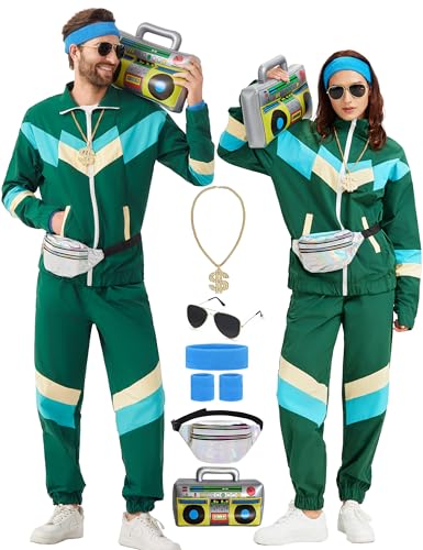 KUKIKUKI 80er 90er Jahre Outfit für Herren Damen, Tracksuit Sportbekleidung, Streetwear Trainingsanzug Jogginganzug Outfit für 80er Jahre Herren Kostüm (green, XXL) von KUKIKUKI