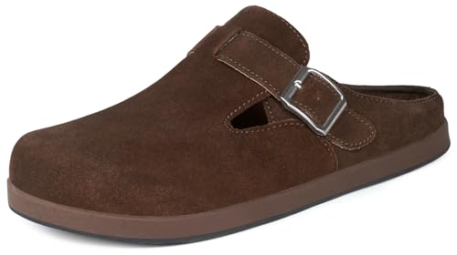 Clogs Hausschuhe Damen Herren Sabots Winter Geschlossen Leder Pantoletten Gartenschuhe mit mit Fußbett aus Weiche Freizeit Sandalen rutschfest Sohle,Kaffee,37 EU von KUKTO