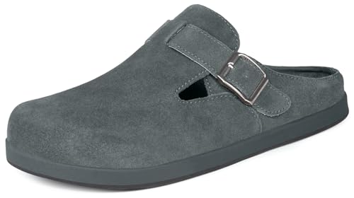 Clogs Herren Damen Lederpantoffel Hausschuhe aus Echtleder (Wildleder) Bequeme Sandalen mit Fussbett Pantoletten & Gartenschuhe Sommer Latschen,Grau,44 EU von KUKTO