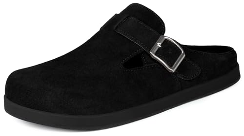 Herren Damen Leder Clogs Pantoletten Hausschuhe mit Fussbett Geschlossene Lederpantoffel Slip On Sommer Flache Freizeit Schuhe Sandalen,Schwarz,43 EU von KUKTO