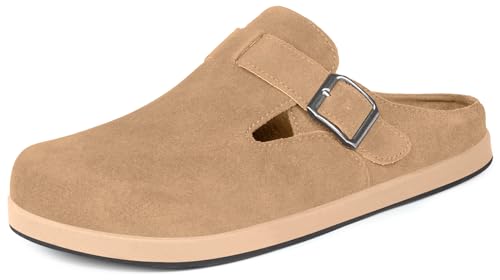 KUKTO Clogs Damen Sommer Hausschuhe Sabots Slip On Pantoletten Mules Wildleder Sommer Gartenschuhe Freizeit Schuhe Leichte rutschfest für Unisex mit Fußbet,Aprikose,41 EU von KUKTO