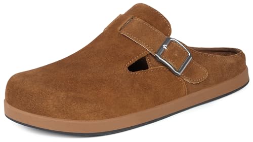 KUKTO Clogs Pantoletten Damen Herren Winter Hausschuhe Geschlossen Mules Leder Pantoffel Bequem Walking Schuhe mit Fußbett Gartenschuhe rutschfest Slipper für Indoor Outdoor,Braun,43 EU von KUKTO