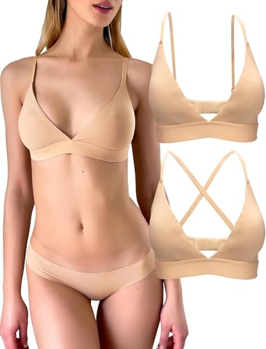KUKU PANDA 2 Pack Damen Triangel Bralette Bequeme Baumwolle Wireless gepolsterte BHS Lightly Lined V-Ausschnitt (Beige, M von KUKU PANDA