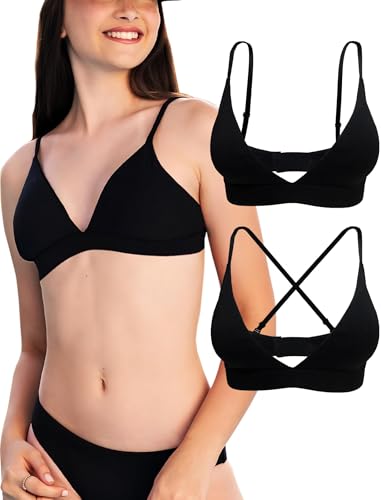 KUKU PANDA 2 Pack Damen Triangel Bralette Bequeme Baumwolle Wireless gepolsterte BHS Lightly Lined V-Ausschnitt (Schwarz, L von KUKU PANDA