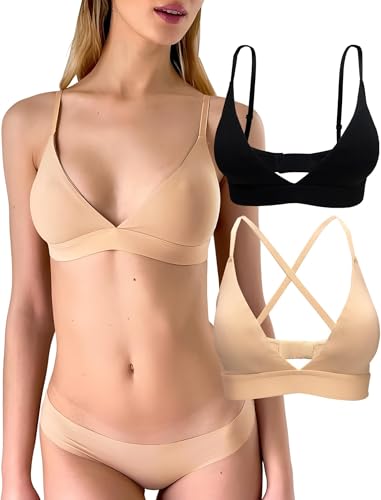 KUKU PANDA 2 Pack Damen Triangel Bralette Bequeme Baumwolle Wireless gepolsterte BHS Lightly Lined V-Ausschnitt (Schwarz/Beige, S von KUKU PANDA