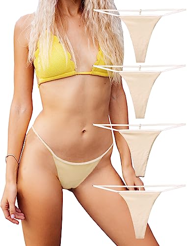 KUKU PANDA Baumwolle String Tangas für Frauen T Back G String Unterwäsche Nahtlos Panty Tangas Sexy 4er Pack Set (Beige, X-Small) von KUKU PANDA