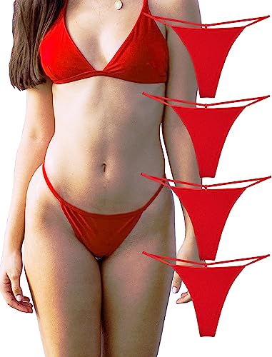 KUKU PANDA Baumwolle String Tangas für Frauen T Back G String Unterwäsche Nahtlos Panty Tangas Sexy 4er Pack Set (Rot, Large) von KUKU PANDA