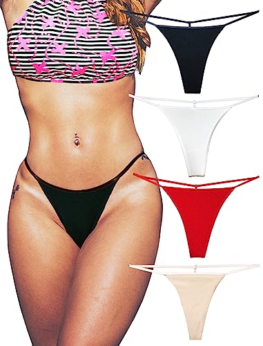 KUKU PANDA Baumwolle String Tangas für Frauen T Back G String Unterwäsche Nahtlos Panty Tangas Sexy 4er Pack Set (S/R/W/N, Medium) von KUKU PANDA