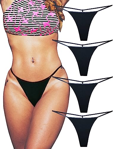 KUKU PANDA Baumwolle String Tangas für Frauen T Back G String Unterwäsche Nahtlos Panty Tangas Sexy 4er Pack Set (Schwarz, Large) von KUKU PANDA