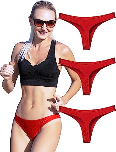 KUKU PANDA Damen String Tangas Aus Baumwolle Sexy Höschen Frauen Unterwäsche Nahtlose Slips Thongs 3er Pack Set (Rot, Large) von KUKU PANDA