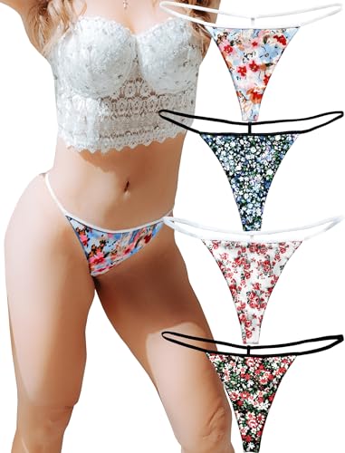 KUKU PANDA G-String Tangas aus Baumwolle für Damen, T-Rücken, G-String, Unterwäsche, nahtlose Höschen, Tangas, sexy, 4 Stück, Blume, L von KUKU PANDA