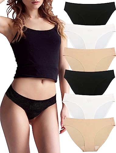 KUKU PANDA No Show Höschen für Frauen, nahtlose Workout-Unterwäsche, unsichtbar, Nylon, Spandex, Unterwäsche für Damen, 6er-Pack, Schwarz/Weiß/Beige, M von KUKU PANDA