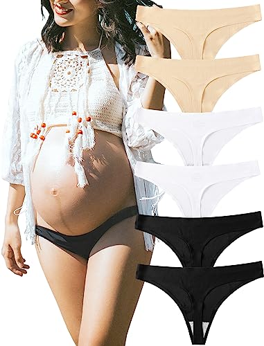 KUKU PANDA Nylon Damen String Tangas Schwangerschaftsunterhose für Frauen Nahtlose Slips Thongs 6er Pack Set (Schwarz/Weiß/Beige, Small) von KUKU PANDA