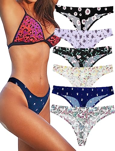 KUKU PANDA Nylon Damen String Tangas Schwangerschaftsunterhose für Frauen Nahtlose Slips Thongs 6er Pack Set (Blume/Palme/Schmetterling, X-Large) von KUKU PANDA