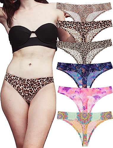 KUKU PANDA Nylon Damen String Tangas Schwangerschaftsunterhose für Frauen Nahtlose Slips Thongs 6er Pack Set (Leopard & Süß, Medium) von KUKU PANDA