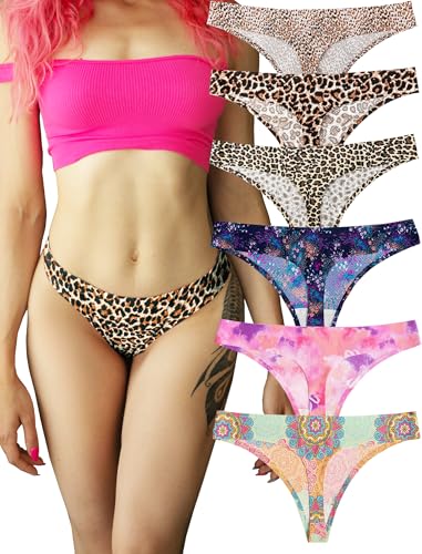 KUKU PANDA Nylon Damen String Tangas Schwangerschaftsunterhose für Frauen Nahtlose Slips Thongs 6er Pack Set (Leopard & Süß, X-Small) von KUKU PANDA