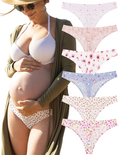 KUKU PANDA Nylon Damen String Tangas Schwangerschaftsunterhose für Frauen Nahtlose Slips Thongs 6er Pack Set (Süß & Rosa, Small) von KUKU PANDA