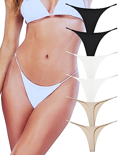 KUKU PANDA Sexy G String Tangas für Damen aus Frauen Unterwäsche Höschen Nahtlose Slips Thongs 6er Pack Set (Schwarz/Weiß/Beige, Large) von KUKU PANDA