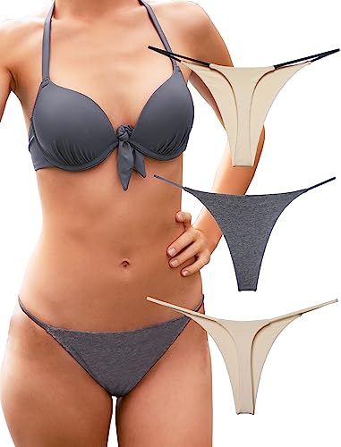 KUKU PANDA G String Tangas für Damen aus Baumwolle Frauen Unterwäsche Sexy Höschen Nahtlose Slips Thongs 3er Pack Set (Bare & Grey Serie, Large) von KUKU PANDA