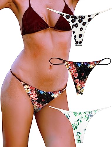 KUKU PANDA G String Tangas für Damen aus Baumwolle Frauen Unterwäsche Sexy Höschen Nahtlose Slips Thongs 3er Pack Set (Blume Serie, Large) von KUKU PANDA